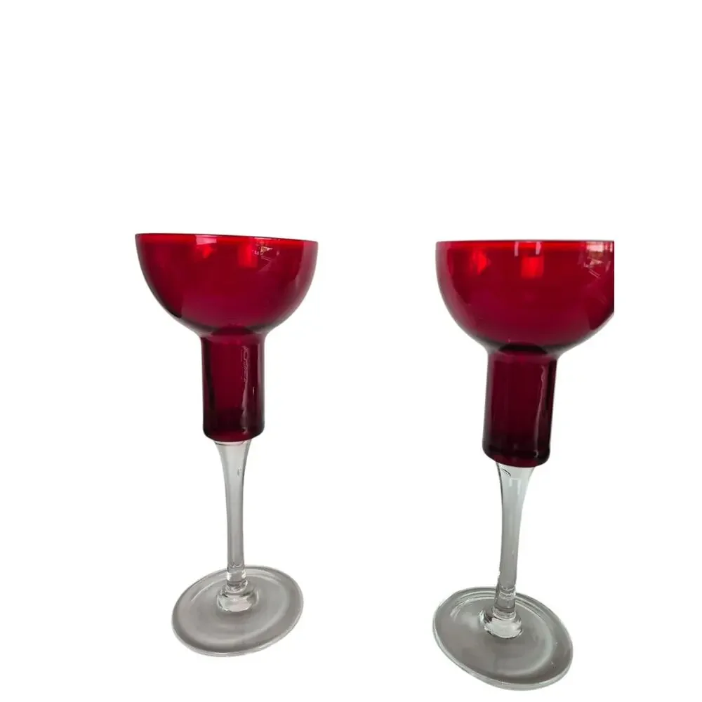 Vintage Red Cranberry Glass Candle Holders Tall Red Christmas Holiday Set of 2